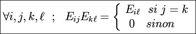 \Large\boxed{\forall i,j,k,\ell~~;~~E_{ij}E_{k\ell}=\left\lbrace\begin{array}l E_{i\ell}~~si~j=k \\ ~0~~~sinon \end{array}}